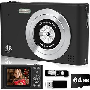 Digital Camera, 44MP Full HD 1080P Point and Shoot Camera with 64GB Card, Anti Shake 16X Zoom Compact Volg Cameras, Portable Small Camara Gift for Kids, Ages Teen Girl Boy  Black