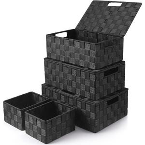 Storage Bins Baskets for Organizing with Lids, Storage Baskets for Shelves Stackable Woven Basket, Gift Small Basket Storage Cubes, Decorative Wicker Basket with Built-in Handles (5 Pack, Black)