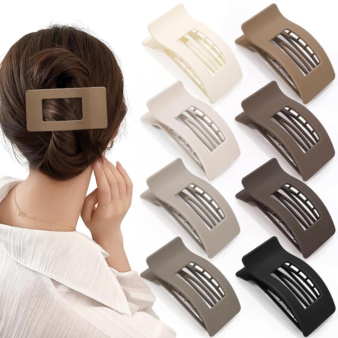 Obeoby 8 PCS Flat Hair Clips for Women, Medium Lay Flat Claw Clips for Thick Thin Hair French Hair Accessories Barrettes (Black, coffee, brown, white)