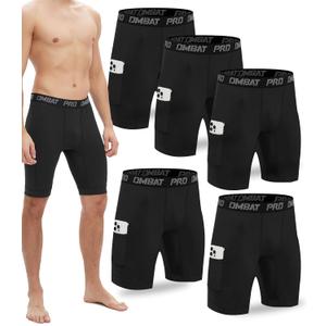 5 Pack Compression Shorts Men with Pocket Spandex Athletic Baselayer Shorts Quick Dry Compression Sports Underwear (Black, XXXL)
