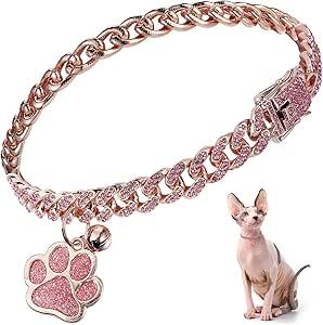 Hillban Cat Collar Diamond Chain Glitter Collar Walking Metal with Secure Buckle Cat Pet Necklace with Paw Charm and ID Tag Bell Link Cuban Jewelry Accessories(10 Inch,Rose Gold, Pink)