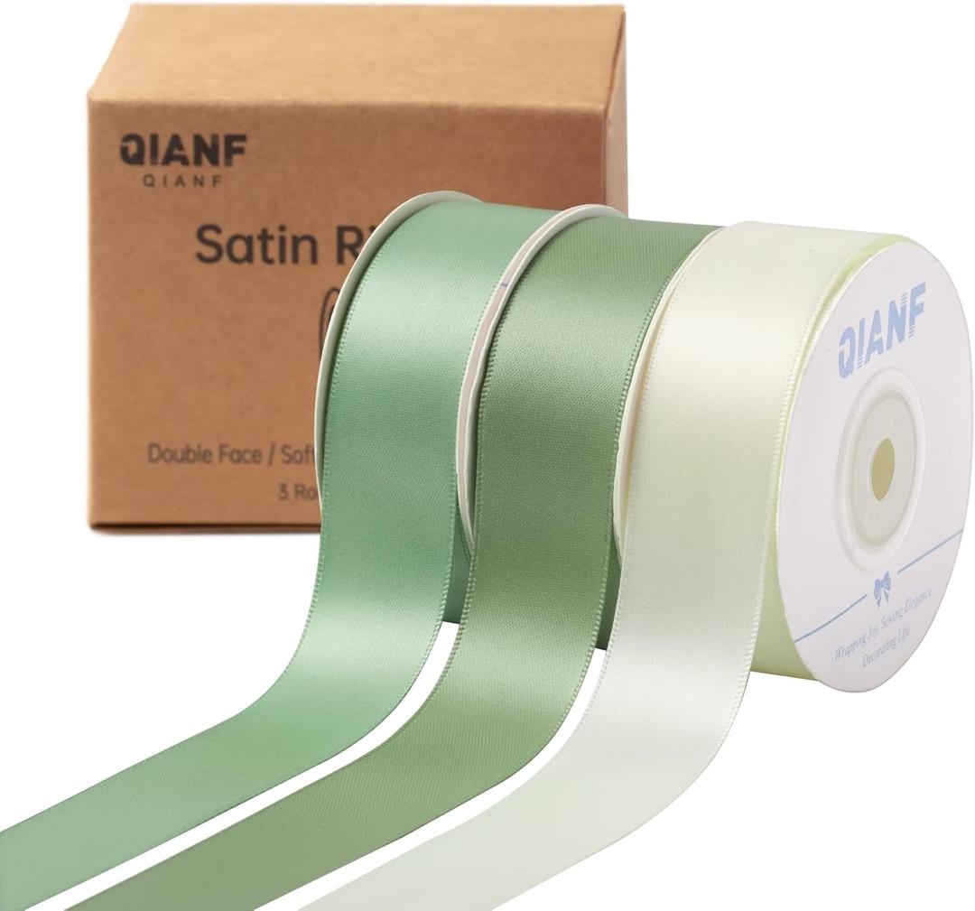 Sage Green Double Face Satin Ribbon 1 Inch x 45 Yards Moss Green Cream Fabric Ribbon for Gift Wrapping, Flower Bouquets Bows Making, Wedding Decoration, Invitations, Christmas (3 Rolls *15Yd)