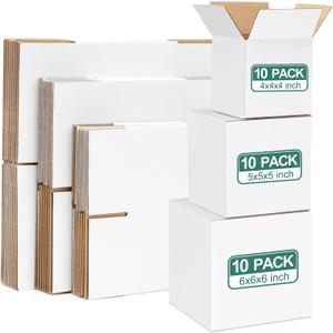 Eupako 30 Pack Small Shipping Boxes Assorted Sizes, 4x4x4 & 5x5x5 & 6x6x6 10 PCS Each Small Boxes, White Corrugated Box Mailers, Cardboard Boxes for Packaging Small Business, Mailing
