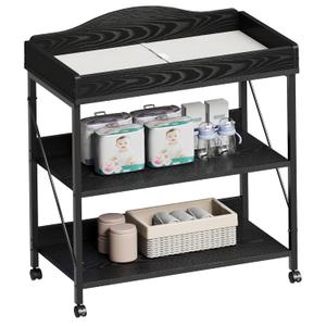 Baby Changing Table, Diaper Changing Station with Pad and Wheels, Two-Tier Open Storage Shelves, Waterproof Diaper pad & Safety Strap,Compact Baby Furniture for Nursery, Black