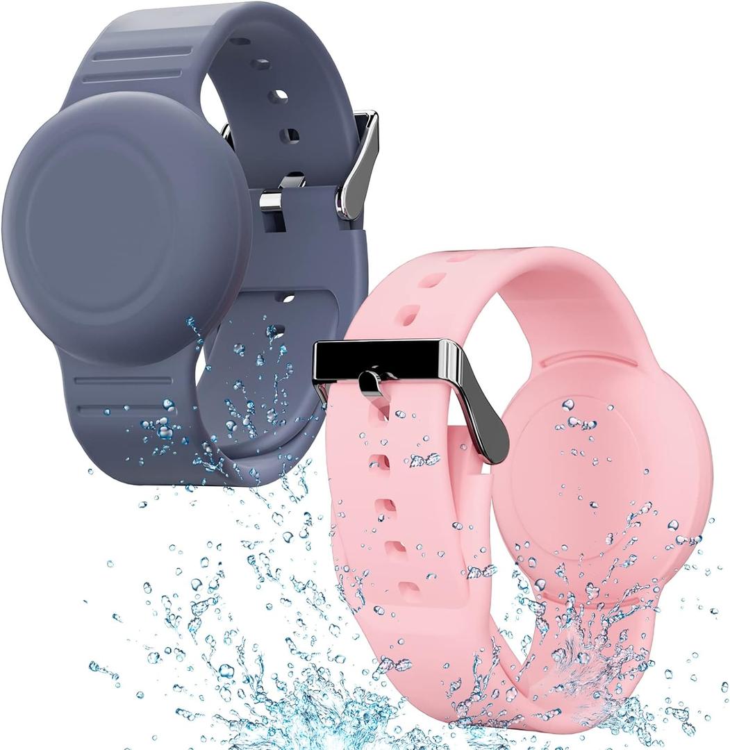 Waterproof Bracelet Compatible with Airtag Case for Kids(2 Pack), Soft Silicone Hidden Wristband, Lightweight GPS Tracker Compatible with Apple Air Tag Watch Band for Child (Grey Blue & Pink)