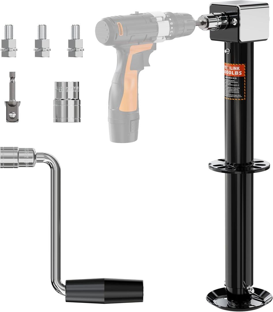 YOMILINK Upgrade 5000 lbs Trailer Jack, A-Frame Dirll Trailer Jack, 23" Vertical Travel, 20-24V Cordless Drill Compatible, Adjustable Drop Leg