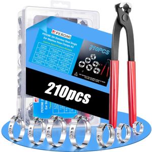 210 Pcs Single Ear Hose Clamp Kit, 12 Sizes 6-36.1mm (1/4"-1.4"), 304 Stainless Steel with Pincer Tool  Fuel Line Clamps for Automotive, Pneumatic, Garden Hose, Kegerator, PEX, Dishwasher Repair