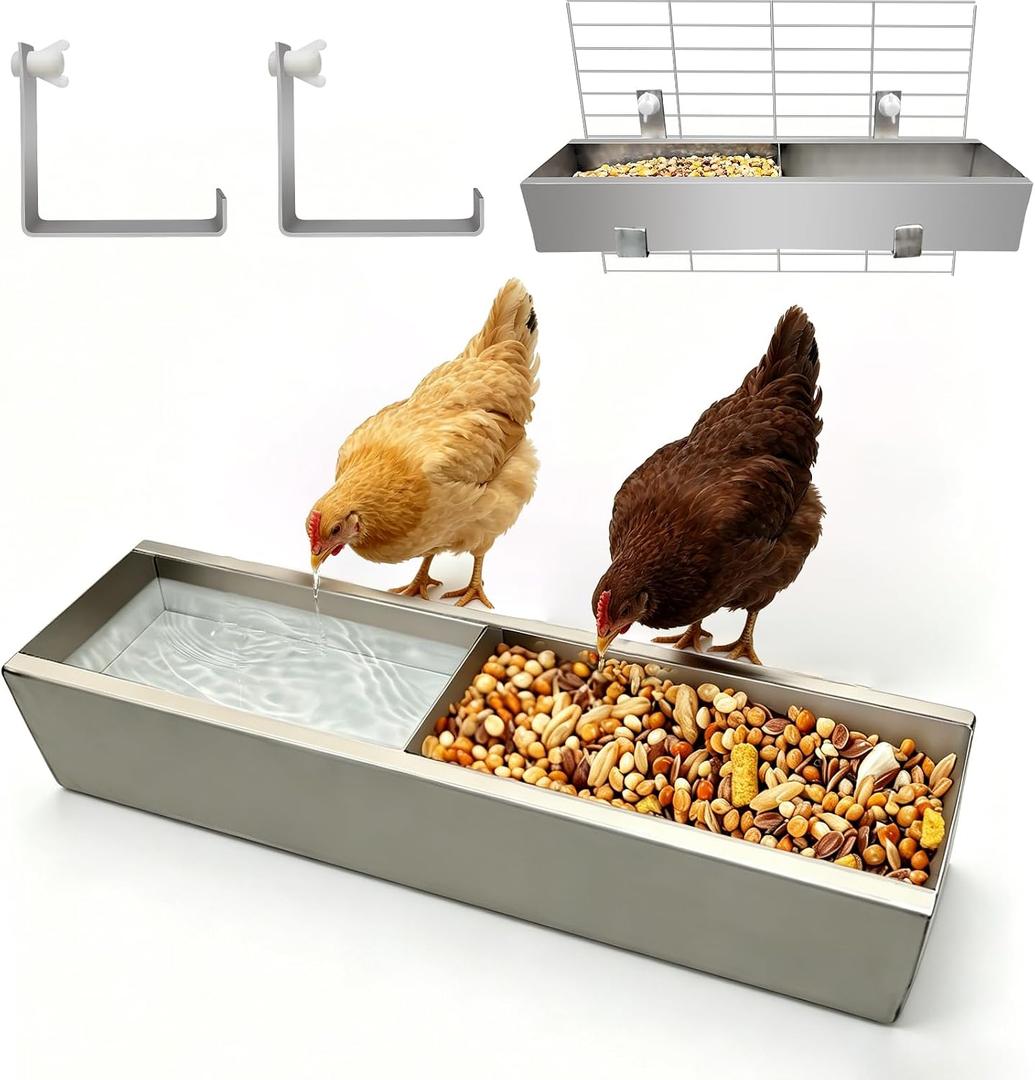 Stainless Steel Chicken Feeder Trough, No Waste Poultry Feeding Pan, Rust-Proof & Easy Clean, Heavy Duty for Chickens Ducks Geese, Outdoor/Indoor Use