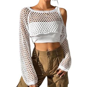 Womens Crochet Crop Tops Y2k Knit Shrug Sweater Hollow Out Long Sleeve Bikini See Through Cover Ups Medium