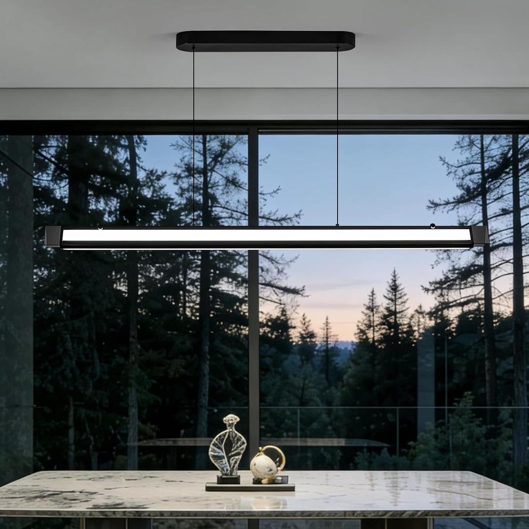 Minimalist Linear Pendant Light Dimmable LED Modern Chandelier Dining Room Island Light Restaurant Cafe Bar Office Hanging Lamp (Black 71 Inch)