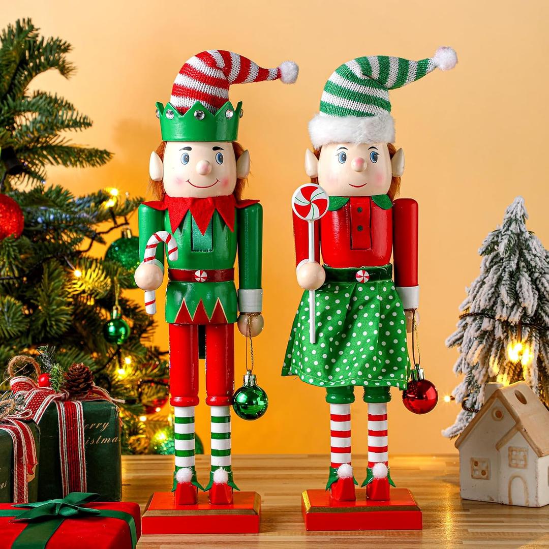 2 Pcs Wooden Red Green Nutcracker 14 Inch Wood Elf Candy Cane Nutcracker Decorations Elf Figures Decoration for Table Fireplace Mantel Decor