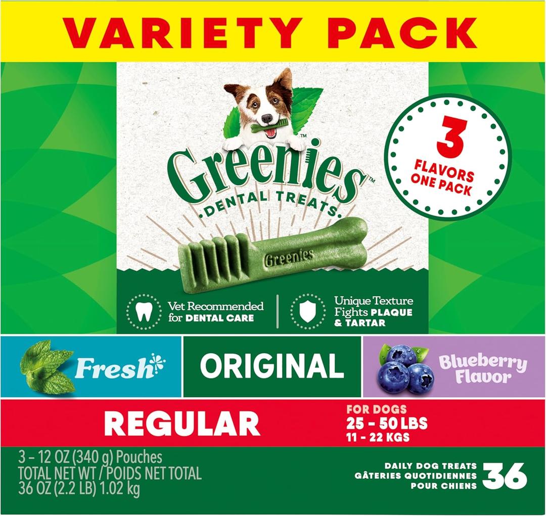 Greenies Regular Dental Dog Treats, 3-Flavor Variety Pack, (3) 12 oz. Pouches, 36 Total Treats, BB 09/10/2026