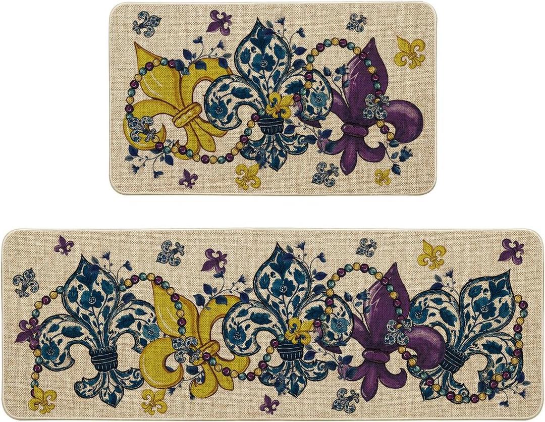 Artoid Mode Irises Beads Mardi Gras Kitchen Mats Set of 2, Carnival Home Decor Low-Profile Kitchen Rugs for Floor - 17x29 and 17x47 Inch