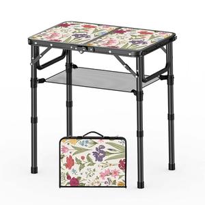 YihuiKo Small Camping Table, Vintage French Flowers Pattern Folding Table, Adjustable Height, Lightweight & Portable Outdoor Picnic Table with Carry Handle for Patio, Living Room, Travel, 16"D x 24"W x 27.5"H, Delightful Garden