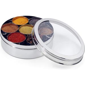 Mother's Day Gift Stainless Steel Spice Container 7 Containers and Small Spoon Orange See Through Masala Box Indian Masala Dabba with size 8 X 8 inches