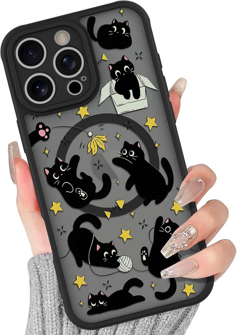 BITOBE Case for iPhone 16 Pro [Compatible with MagSafe] Cute Black Cats Pattern for Women Girls Soft TPU Bumper Kawaii Animal Magnetic Slim Protective Cover