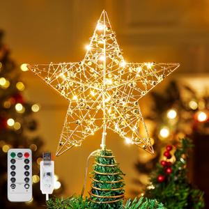JOIEDOMI 9.5inch Metal Beaded Christmas Star Tree Topper, 20LED Warm White Lights Golden Tree Topper, USB Powered Remote Control for Christmas Tree Decorations Home Holiday Party Indoor Decor