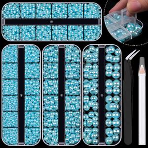 4 Boxes Flat Back AB Pearls Kit 7 Flatback Light BlueAB Half Round Pearls 3-10mm with Pickup Pencil and Tweezer for Home DIY and Professional Nail Art, Face Makeup and Craft