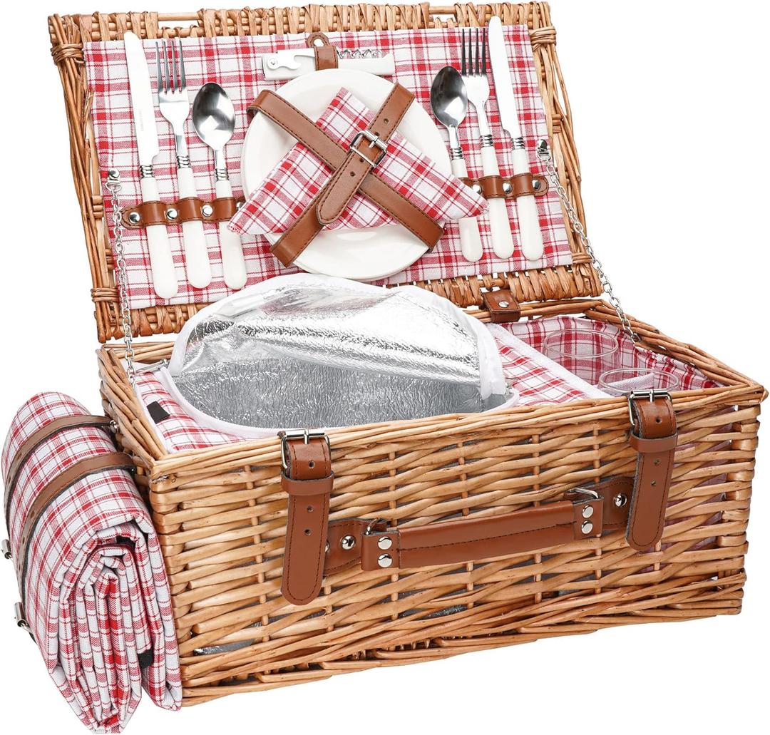 Wicker Picnic Basket Set for 2 Persons with Waterproof Picnic Blanket and Large Insulated Cooler Compartment, Willow Picnic Hamper Basket with Cutlery Service Kits for Camping, Wedding (Red)