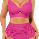 SHAPELLX High Waisted Bikini Tummy Control Two Piece Swimsuits for Women Ruched Bathing Suit Twist Front Bikini Sets (A4-hot Pink)