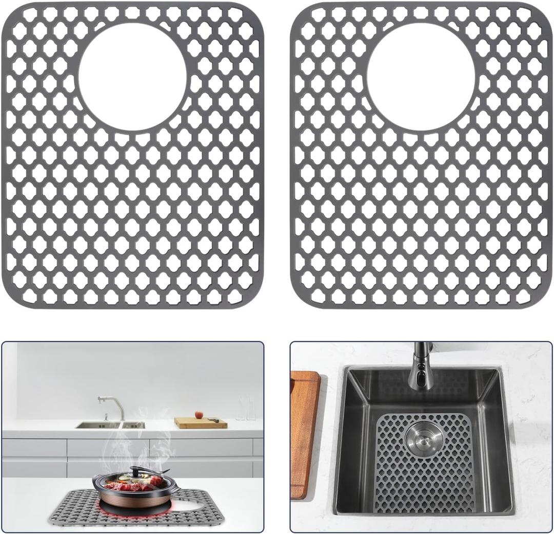 2PCS Silicone Sink Protector 12"x14" Rear Drain Hole, Heat Resistant Non-slip Dishwasher Suitable, Large Mat for Bottom of Farmhouse Kitchen Stainless Steel Sink
