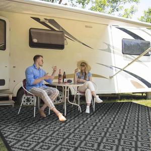 Outdoor Patio Plastic Straw Rug - 8x10 ft Outdoor Camping Rug Waterproof Reversible, Area Carpet Patios Clearance RV, Outside Porch Balcony Deck for Camper, Black/Grey