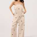 Women 2 Piece Outfits Polka Dot Summer Pants Set Strapless Tube Top High Elastic Waist Wide Leg Pants Lounge Sets (Beige, S)