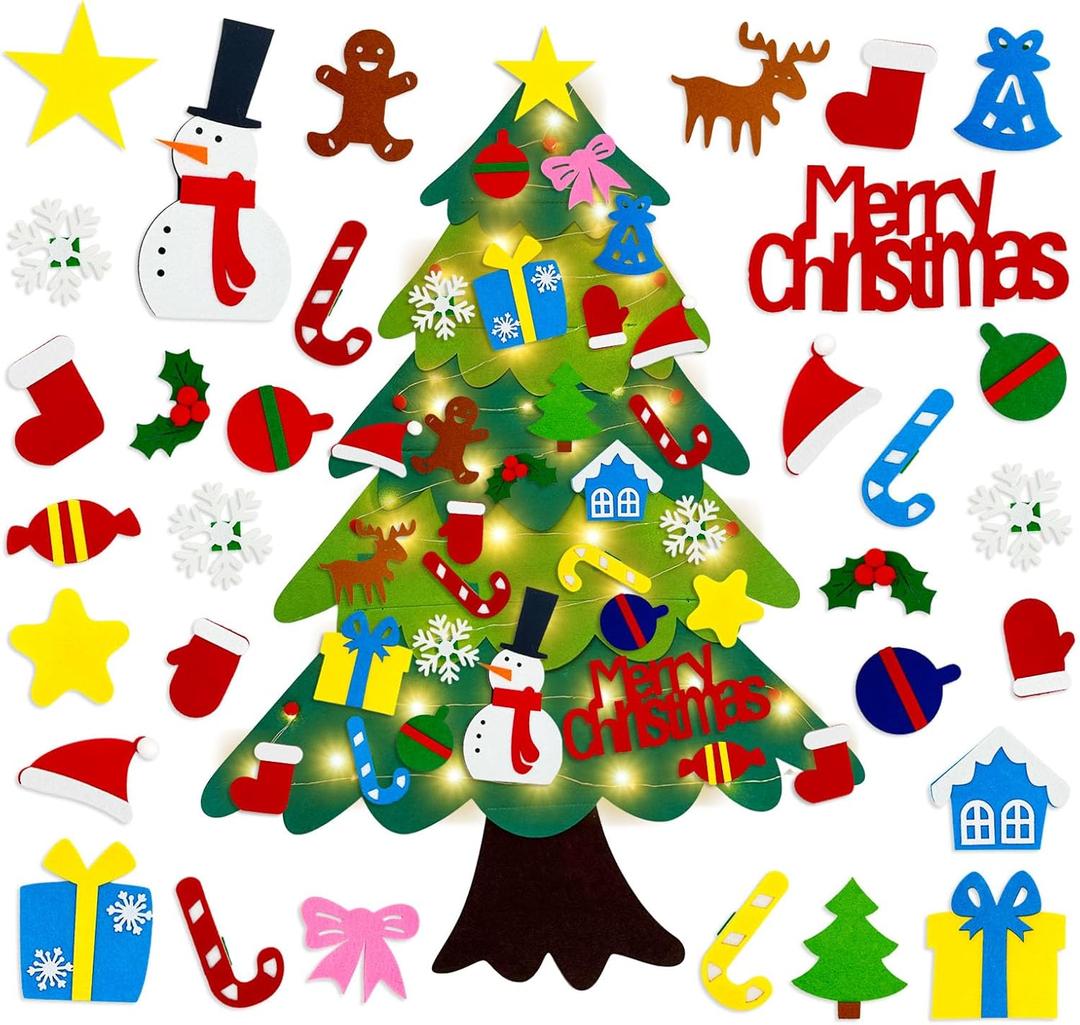 3.2Ft DIY Felt Christmas Tree Set for Kids Toddlers, 32 Hanging Ornaments Felt Christmas Tree with Light Wall Craft Kits for Xmas Party Office Decoration, New Year Door Wall Decorations