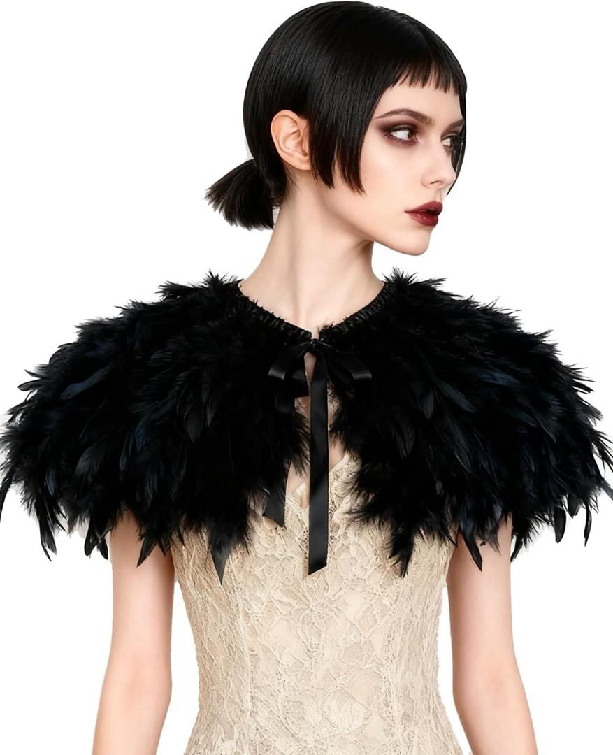 L'VOW Fashion Feather Cape Stole Black White Beige Shawl Iridescent (S2-black)