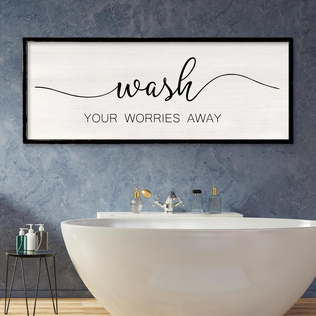 Wash Your Worries Away Funny Bathroom Wall Decor 40x15 Inch Wood Framed Sign Toilet Restroom Modren Laundry Room Wall Art Hanging (Black)
