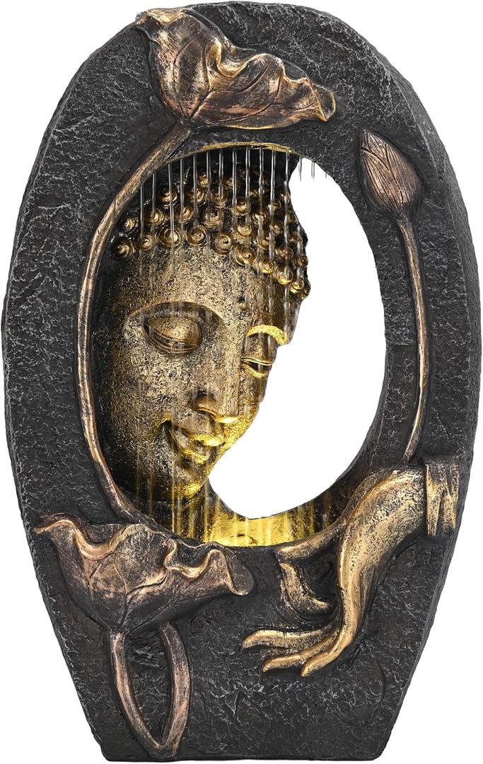 TERESA'S COLLECTIONS Water Fountain Outdoor with LED Light and Pump for Garden Decor,Floor Buddha Statue Resin with Waterfalls,Tall Zen Garden Statues for Yard Decor Housewarming Gifts for Mom 19.3" (Large)
