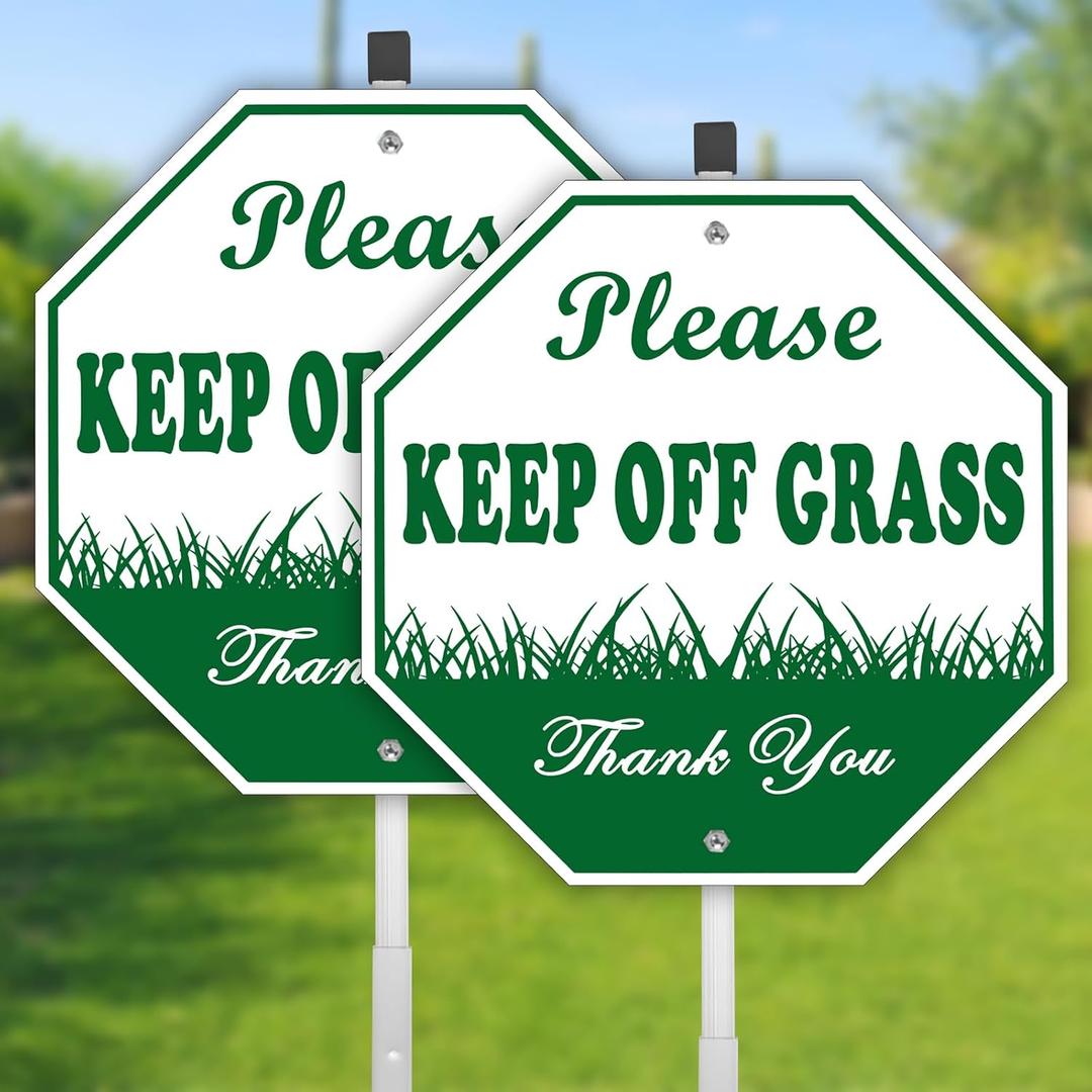 Keep Off Grass Sign 2 Pack, Please Be Respectful, 10" x 10" Rust Free Reflective Aluminum Metal Sign, With 28" Long Metal Stake, Fade Resistant, Waterproof, Easy to Mount, For Outdoor Yard