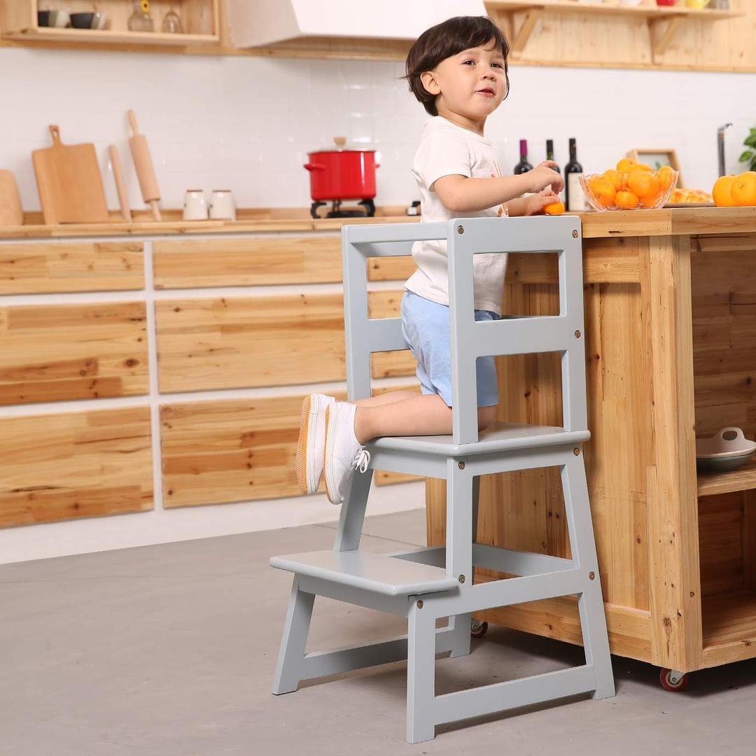 SDADI Kitchen Step Stool, Mother's Helper Step Stool, Wooden Standing Tower for Kids 1-3 with Safety Rail for Kitchen and Bathroom, Anti-Tip,Stable, Gray