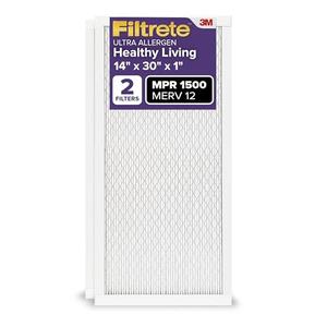 Filtrete 14x30x1 AC Furnace Air Filter, MERV 12, MPR 1500, CERTIFIED asthma & allergy friendly, 3 Month Pleated 1-Inch Electrostatic Air Cleaning Filter, 2-Pack (Actual Size 13.81x29.81x0.78 in)