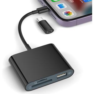 SD Card Reader for iPhone, Memory Card Reader with USB-C to Light-ning Adapter Plug and Play Trail Game Camera Micro SD Card Viewer Support SD/TF Card and USB for iPad No App Required (Black)