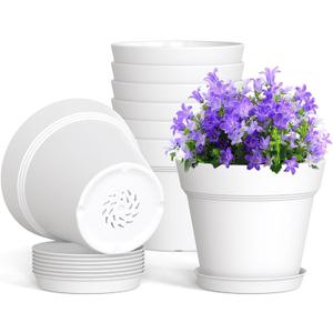 WSMKSZ 4 Inch Plastic Plant Pots with Drainage Holes and Trays 8 Pack Small Nursery Pots for Indoor & Outdoor House Plants and Flowers, Seedling Starter Planters, White