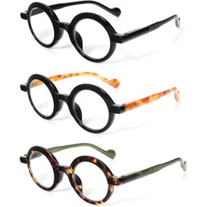 DXYXYO 3 Pack Round Reading Glasses for Women and Men, Stylish Spring Hinge Readers Blue Light Blocking, +2.0
