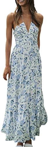 Women's Halter Neck Floral Maxi Dress 2024 Summer Boho Long Sundress Sexy Sleeveless Backless Flowy Ruffle Dress Size M