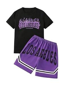 xueteox Summer Clothes for Boys 2 Pcs, Letter Print Tops and Shorts Sports Casual Outfit Set for Kids (Purple, 12Y)