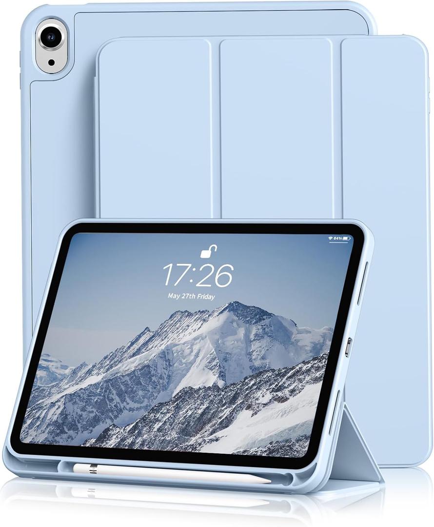 Kenke for iPad 11/10th Gen Case with Pencil Holder 11/10.9 inch 2025 A16/2022, Soft TPU Back Shell Hybrid Slim Trifold Stand Protective Cover Support Touch ID Auto Wake/Sleep (Blue)