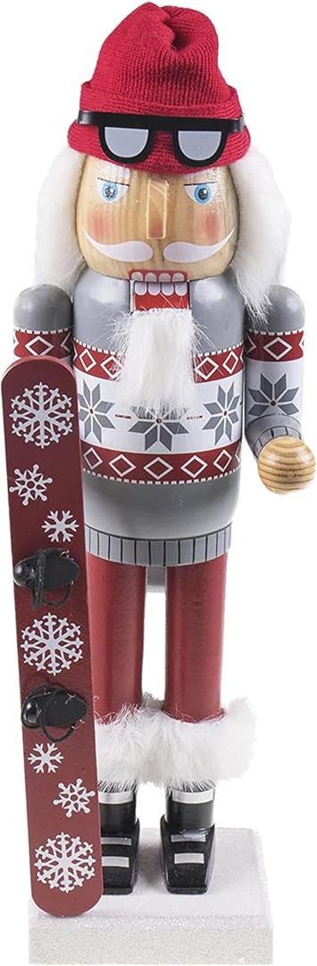 Merry Christmas Co. 14 Inch Traditional Wooden Nutcracker, Festive Holiday Tabletop Dcor, Snowboarding Santa