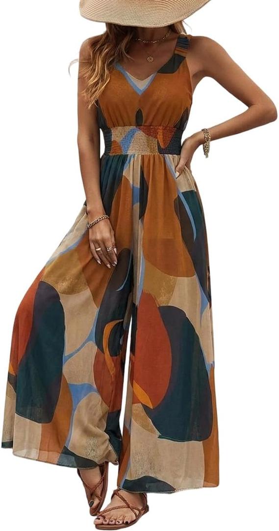 CHICME Women’s Abstract Print V Neck Jumpsuit Wide Leg High Cinched Waist Backless Sleeveless Chic Vacation Beach Romper (L)