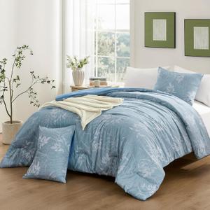 downluxe Queen Comforter Set - 3 Pieces Grayish Blue Bedding Comforter Sets, Queen Botanical Flower Comforter, 1 Soft Reversible Floral Comforter and 2 Pillow Shams for All Seasons