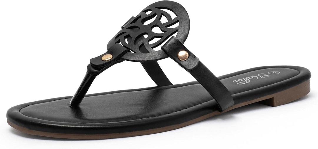 katliu Women's Flat Sandals Flip Flop Sandals Comfortable Dressy Thong Sandals (Black,Size 9)