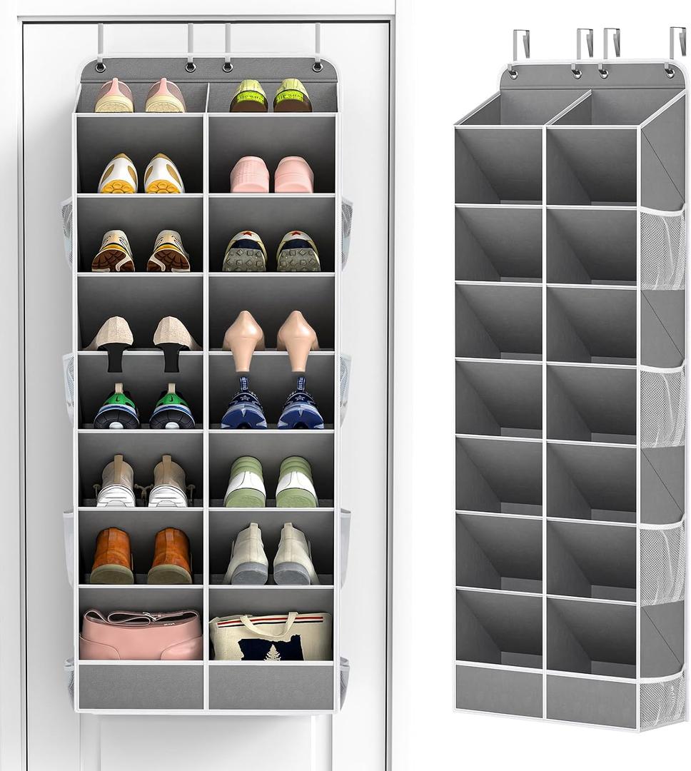 Yecaye 16-24 Pairs Over the Door Shoe Organizer, Large Capacity Hanging Shoe Rack for Door Hanger with Deep Pockets, 8 Tier Shoe Holder for Sneakers Boots Heels College Dorm Essentials, Grey