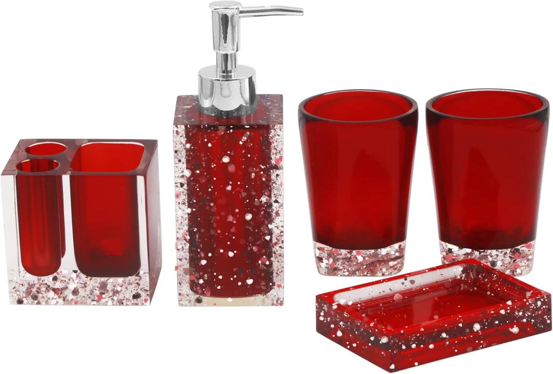 LUANT 5-Piece Resin Bathroom Accessory Set with Soap Dish, Dispenser, Toothbrush Holder and Tumbler, Red
