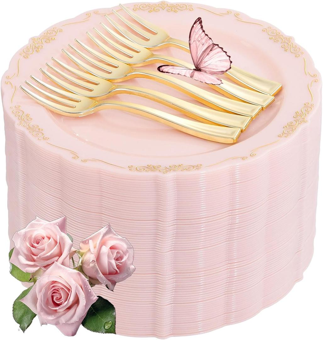 LIYH 100 Pcs Pink Gold Dessert Plates - 100 Pcs Gold Plastic Forks,Cake Plates Disposable with Forks, Appetizer Plates, Bridal Shower Party Plates for Birthday Wedding Party