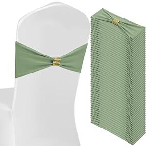 Moukeren 50 pcs Spandex Chair Sashes Bows Stretch Chair Covers Bands with Slider Buckles Universal Elastic Seat Ribbons for Wedding Party Events Ceremony Birthday Banquet(Baby Blue)