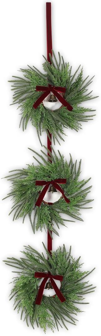 1 Pack Christmas Wreath String with 3 Pcs Norfolk Pine Wreath, 61" Front Door Hanging Artificial Cedar Pine Velvet Bow Bell for Xmas Cabinet Window Indoor Outdoor Holiday Porch Wall Decor