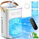 BALKO 4-IN-1 Personal Air Conditioner w/Remote, 2 Ice Packs, 1200ML Tank, 7H Timer for Smart Auto-Off, 2 Cool Mist, 3-Speed Small Portable Air Conditioner, 7-LED Light Evaporative Air Cooler for Room